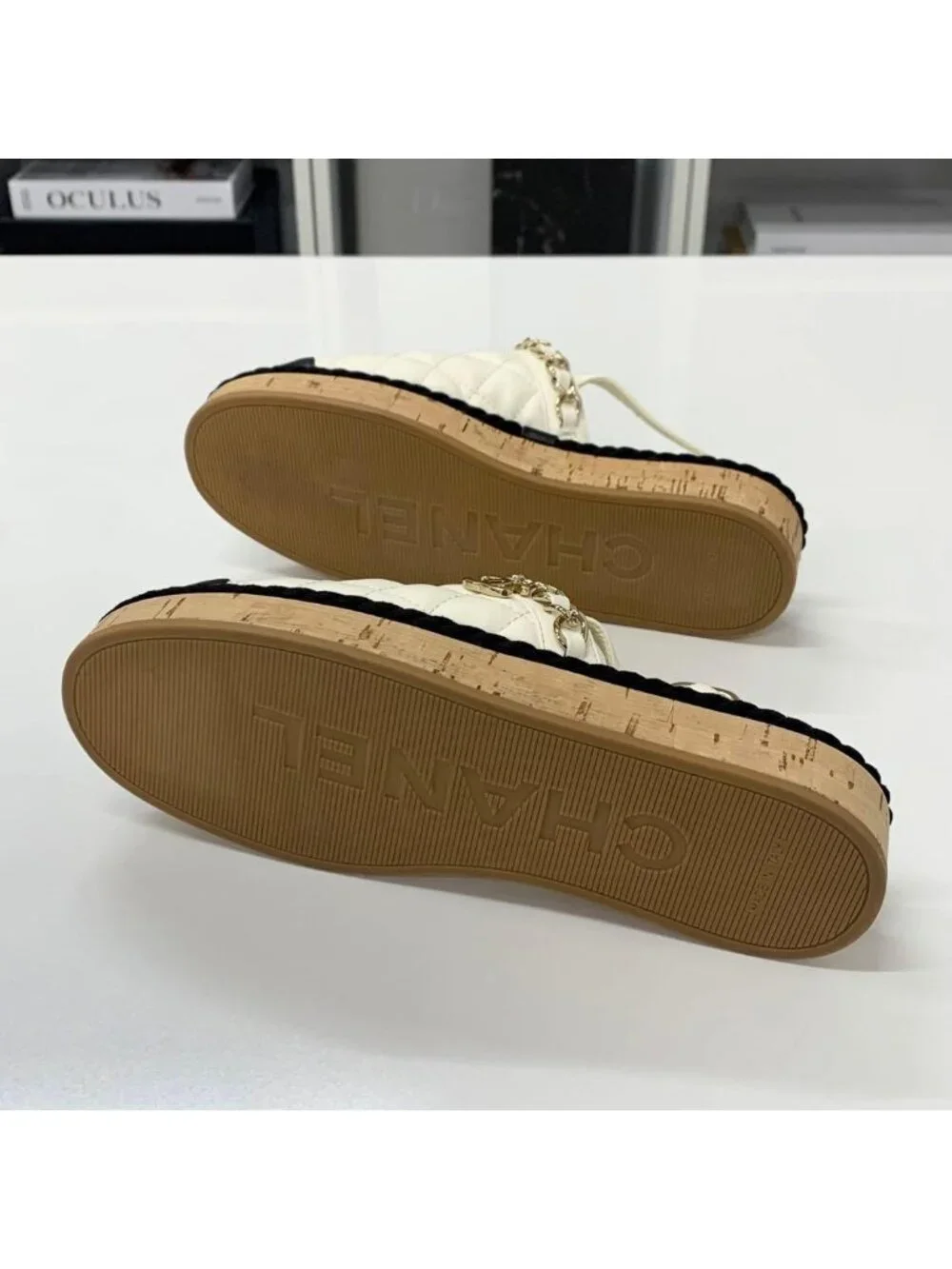 Chanel CC Logo Quilted Chain Leather Cork Sandals